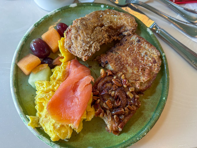 Buffet plate with scrambled eggs and bacon at Crystal Palace, Magic Kingdom