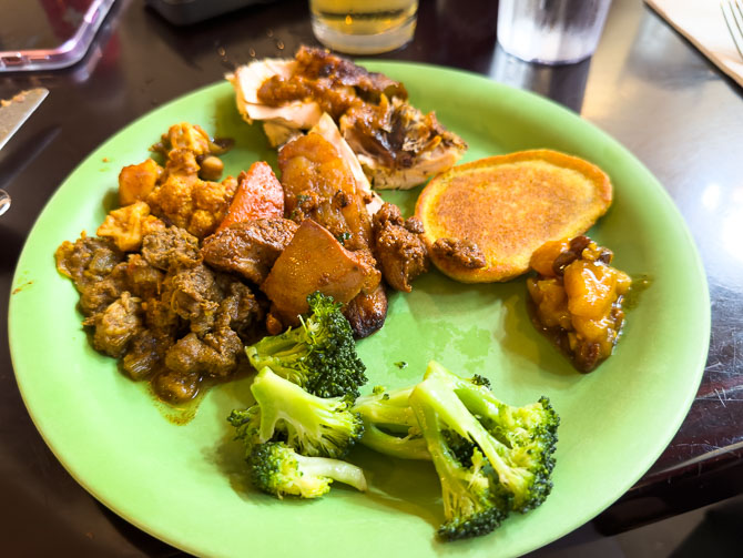Buffet plate with spit-roasted chicken and pilau rice at Tusker House, Animal Kingdom