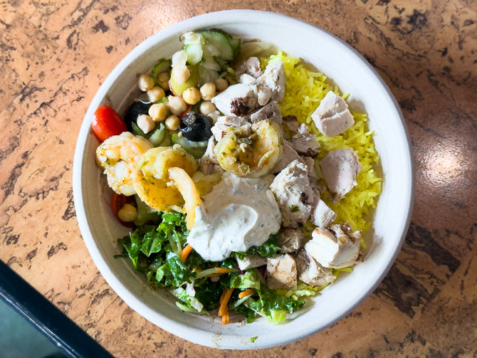 Combination bowl with prawns, chicken, and rice at The Mara, Animal Kingdom Lodge