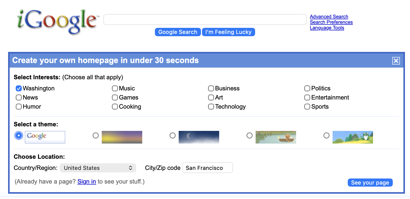 iGoogle screenshot from 2009